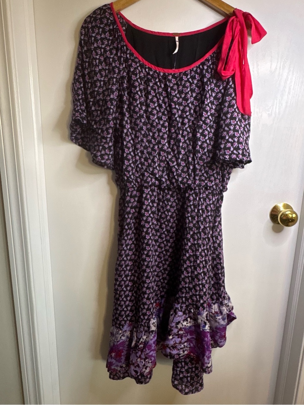 Free People Sz M Floral Scoop Neck Bow Ruffle Dress Boho Coquette Cottagecore